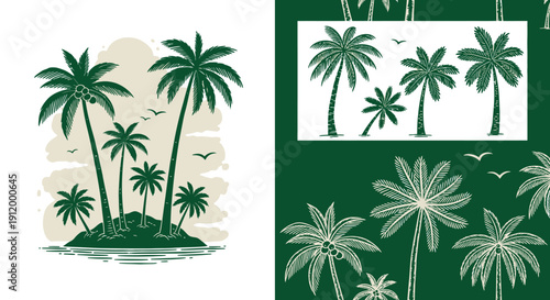 Tropical Island with Palm Trees Silhouette at Sunset or Sunrise Sky