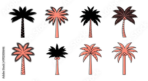 Set of eight stylized palm trees in coral and black, graphic design elements