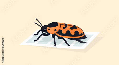 Stylized orange and black insect with patterned wings on a white grid