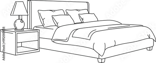 Clean black and white line art drawing illustrating a cozy bedroom setup featuring a plush bed with many pillows and a bedside table holding a simple lamp decoration.