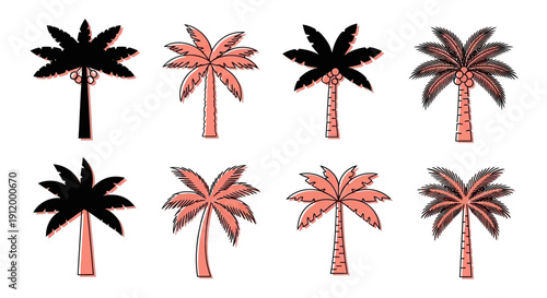 Set of Palm Trees Silhouette and Sketch Style Illustrations Isolated on White