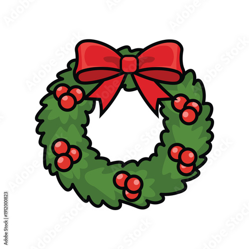 Christmas Wreath with Red Bow Flat Vector Illustration