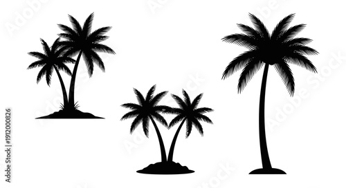 Silhouette Palm Trees on Tropical Islands Vector Set - Exotic Beach Vacation Scene