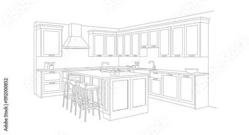 Detailed black and white line art drawing illustrating a classic luxury kitchen design featuring extensive cabinetry island seating and modern appliance placement concepts for interior planning