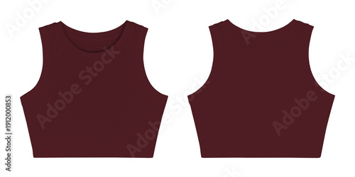 Burgundy Red Cropped Tank Top Front and Back Views Isolated on White Background for Mockup
