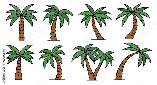 Collection of Stylized Palm Trees in Various Poses and Bends on White Background
