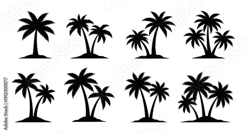 Collection of Black and White Silhouette Palm Trees on Small Islands, Tropical Paradise Vector Icons