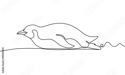 Penguin sliding across ice surface rendered in artistic single continuous line drawing art