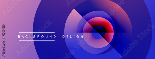Abstract design features concentric circles, purple hues blend into blue. Text reads background and design. Modern, vibrant composition.