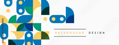 Abstract geometric shapes overlap, creating vibrant background. Colors include blue, yellow, green, beige. Minimalist design feels modern, clean.