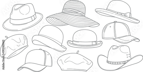 Collection of various black and white outline illustrations depicting different styles of headwear including fedora sun hat baseball cap beret and cowboy hat designs