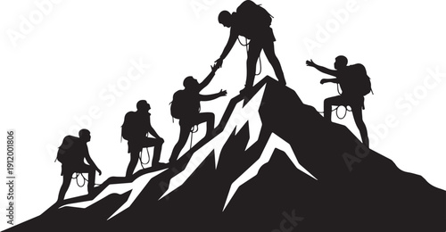 Silhouette of hikers climbing a mountain together, illustrating teamwork and perseverance.