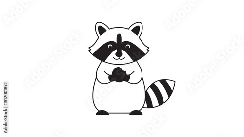 A cute cartoon raccoon illustration with a striped tail and masked face in a friendly woodland pose.