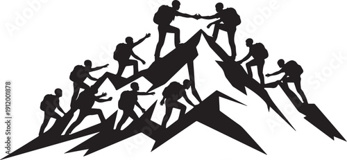 A group of people climbing a mountain together in silhouette.