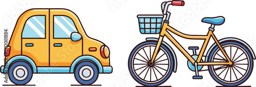 Side View Vector Illustration of a Yellow Compact Car and Classic Bicycle for Transportation Concepts, Urban Commuting, Delivery Services, and Sustainable Eco-Friendly Travel Graphics
