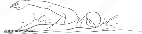Line art illustration depicting a competitive swimmer executing the freestyle stroke with one arm extended forward above the churning water surface.