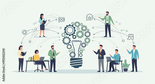 Business team collaborating on innovative ideas with interconnected gears and light bulb concept.