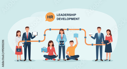 Business team collaborating on leadership development with HR support.