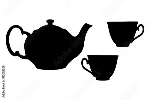 Teapot and cups silhouettes. Elements set on white background