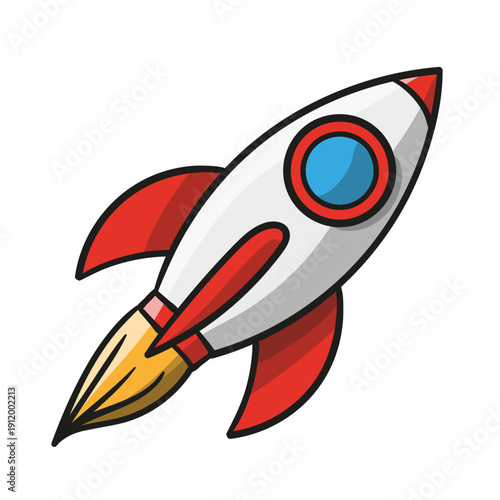Cartoon rocket ship launching into space. Vector illustration of a white and red spaceship with fire, symbol of startup, success and exploration.
