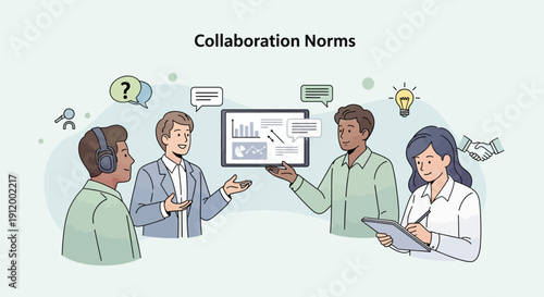 Diverse group discussing collaboration norms with charts and ideas.