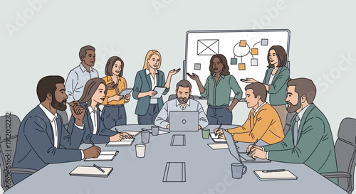 Diverse group of professionals collaborating in a modern office meeting.
