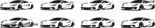 Sports Car Silhouette Icon Set – Clean Black and White Supercar Poses