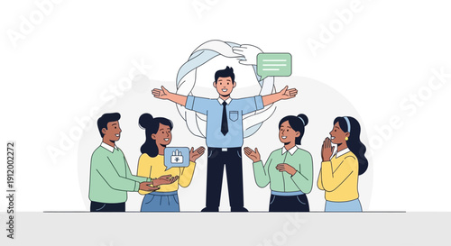 Diverse group of people engaging in a lively conversation with speech bubbles.