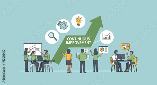 Business team collaborating on continuous improvement strategy with charts and gears.