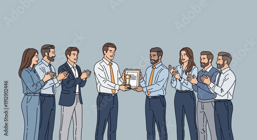 Business team celebrating success with award and applause in office.