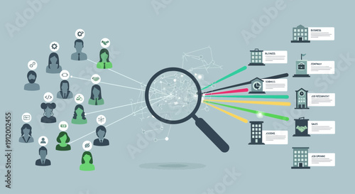 Conceptual illustration of data analysis and network connections using magnifying glass.