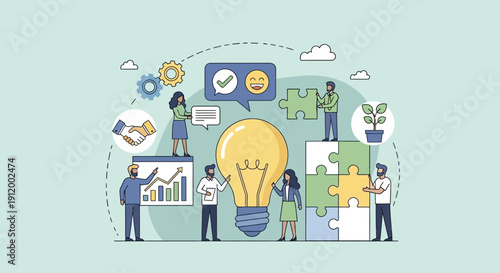 Creative teamwork and collaboration for innovative business solutions with light bulb and puzzle pieces.