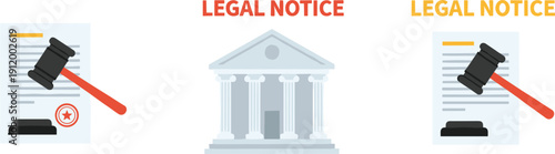 Legal Notice Icon Set Vector Courthouse Building And Gavel Over Law Document With Official Red Wax Seal