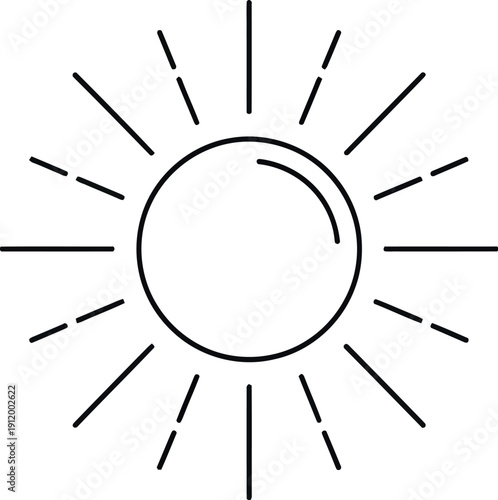 Simple line art drawing depicting a radiant sun icon with minimal rays extending outward from its circular center on a clean white background suggesting brightness and warmth