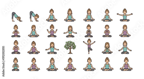 Set of diverse women practicing yoga in various poses and meditation.