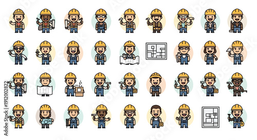 Set of diverse cartoon construction workers and engineers with various poses and tools.