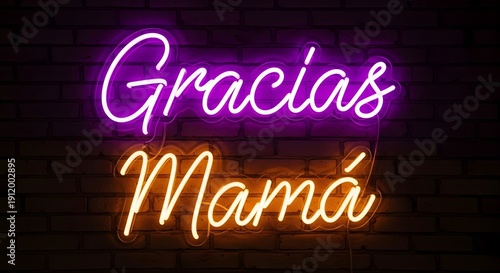 A neon sign on a brick wall with the words gracias and mam in purple and orange colors