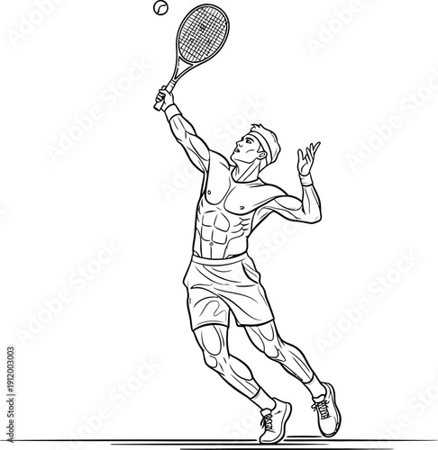 Muscular male tennis player isolated in line art illustration performing an overhead serve with intense focus against a plain white background ready for coloring or design.