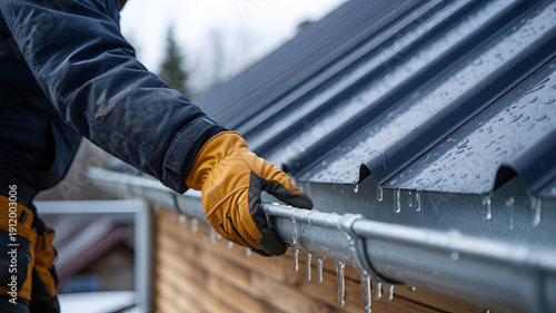 Cleaning frozen gutter from snow and ice, winter roof maintenance and home protection concept