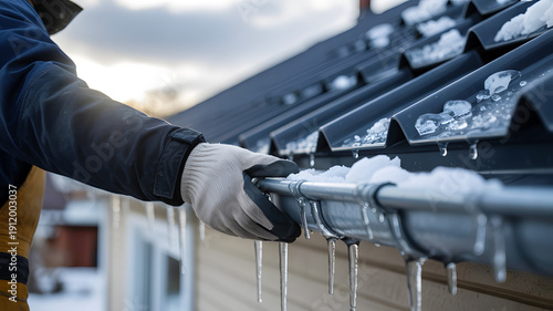 Cleaning frozen gutter from snow and ice, winter roof maintenance and home protection concept