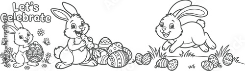 bunny painting easter egg and some flowers, coloring page ready to print on standard 8.5x11 inch paper. eps file.