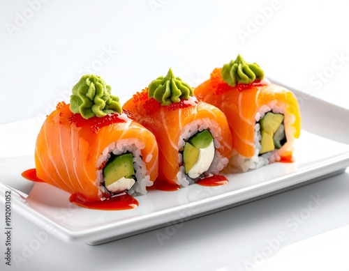 Three sushi rolls on white plate with orange salmon, avocado, cream cheese, wasabi, and roe