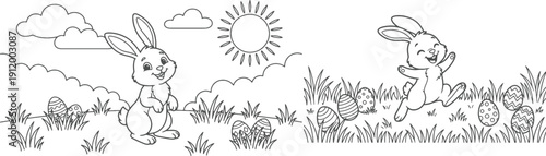 bunny painting easter egg and some flowers, coloring page ready to print on standard 8.5x11 inch paper. eps file.