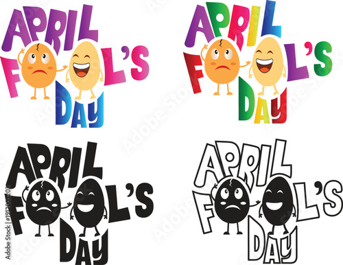 Vector isolated illustration set. April Fools’ Day Collection. Two egg characters have fun together—collection for design, banner, poster, label, flyer, and greeting card.