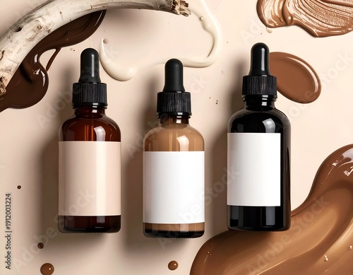 Three dropper bottles of skincare sit on a neutral surface with matching product swatches