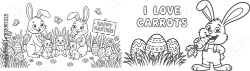 bunny painting easter egg and some flowers, coloring page ready to print on standard 8.5x11 inch paper. eps file.