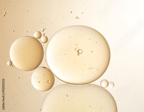 Macro shot showcases various sizes of translucent liquid spheres floating, reflecting light, against a warm backdrop
