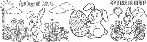 bunny painting easter egg and some flowers, coloring page ready to print on standard 8.5x11 inch paper. eps file.