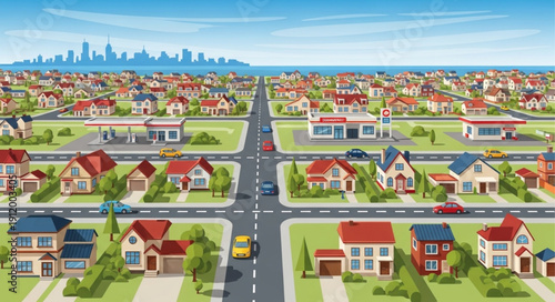 Suburban Neighborhood with City Skyline.