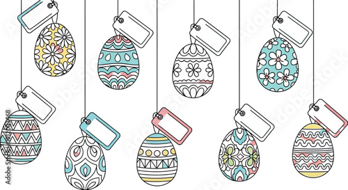 Collection of brightly colored, intricately decorated easter eggs hanging by strings with attached blank gift tags suggesting holiday greetings or springtime decorations.